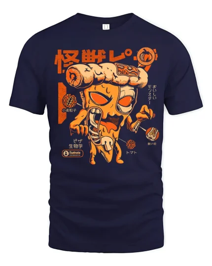 Funny Pizza Monster Graphic Tee With Retro Japanese Style Art - navy t-shirt on white background