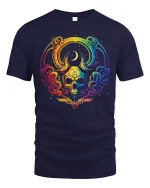 Rainbow Mystic Skull Art Graphic Tee With Colorful Cosmic Style - navy t-shirt on white background