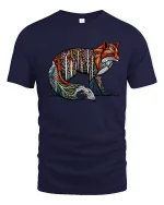 Forest Spirit Fox Art Graphic Tee With Colorful Nature Design - navy t-shirt on white background
