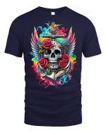 Vibrant Skull And Roses Tattoo Art Graphic Tee With Winged Style - navy t-shirt on white background