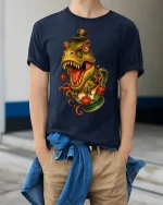 Vintage Dino Teacup Madness Cartoon T Rex Tee With Fun Style - model wearing navy tee with hands in pockets