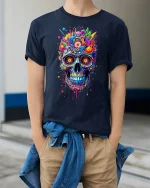 Vibrant Psychedelic Skull Art Graphic Tee With Color Explosion - model wearing navy tee with hands in pockets