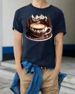 Mountain Coffee Art Graphic Tee With Scenic Latte Landscape Style - model wearing navy tee with hands in pockets