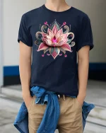 Elegant Lotus Jewel Art Graphic Tee With Beautiful Floral Design - model wearing navy tee with hands in pockets