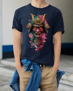 Samurai Mask Warrior Art Graphic Tee With Cherry Blossom Style - model wearing navy tee with hands in pockets