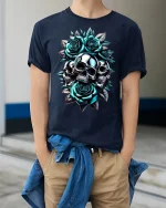 Metallic Skulls And Roses Art Graphic Tee With Bold Gothic Style - model wearing navy tee with hands in pockets