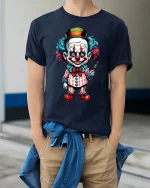Creepy Cute Clown Art Graphic Tee With Colorful Cartoon Style - model wearing navy tee with hands in pockets