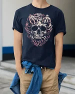 Creeping Hands Skull Art Graphic Tee With Dark Horror Style - model wearing navy tee with hands in pockets