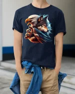 Eagle And Wolf Fusion Art Graphic Tee With Bold Spirit Animal Style - model wearing navy tee with hands in pockets