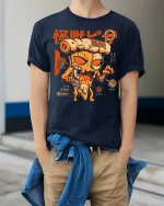Funny Pizza Monster Graphic Tee With Retro Japanese Style Art - model wearing navy tee with hands in pockets