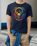 Rainbow Mystic Skull Art Graphic Tee With Colorful Cosmic Style - model wearing navy tee with hands in pockets
