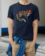 Forest Spirit Fox Art Graphic Tee With Colorful Nature Design - model wearing navy tee with hands in pockets
