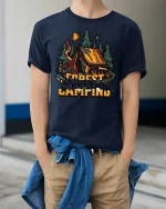 Forest Camping Adventure Graphic Tee With Rustic Outdoor Style - model wearing navy tee with hands in pockets
