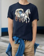Elegant Horse Carriage Art Graphic Tee With Vintage Classic Style - model wearing navy tee with hands in pockets