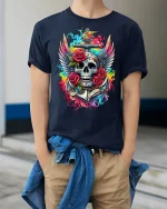 Vibrant Skull And Roses Tattoo Art Graphic Tee With Winged Style - model wearing navy tee with hands in pockets