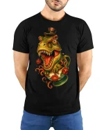 Vintage Dino Teacup Madness Cartoon T Rex Tee With Fun Style - model wearing black tee with hands behind back