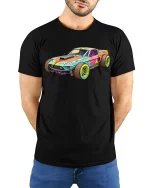 Retro Muscle Car Graphic Tee With Bold Colorful Racing Artwork - model wearing black tee with hands behind back