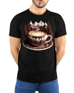 Mountain Coffee Art Graphic Tee With Scenic Latte Landscape Style - model wearing black tee with hands behind back
