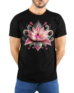 Elegant Lotus Jewel Art Graphic Tee With Beautiful Floral Design - model wearing black tee with hands behind back
