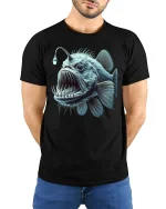 Deep Sea Anglerfish Art Graphic Tee With Fierce Ocean Creature - model wearing black tee with hands behind back
