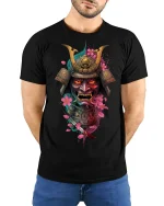Samurai Mask Warrior Art Graphic Tee With Cherry Blossom Style - model wearing black tee with hands behind back
