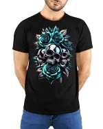 Metallic Skulls And Roses Art Graphic Tee With Bold Gothic Style - model wearing black tee with hands behind back