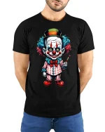 Creepy Cute Clown Art Graphic Tee With Colorful Cartoon Style - model wearing black tee with hands behind back