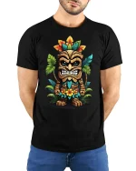 Funny Tiki Warrior Art Graphic Tee With Colorful Island Style - model wearing black tee with hands behind back