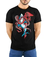 Shark Vs Squid Battle Graphic Tee With Bold Ocean Creature Art - model wearing black tee with hands behind back
