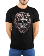 Creeping Hands Skull Art Graphic Tee With Dark Horror Style - model wearing black tee with hands behind back