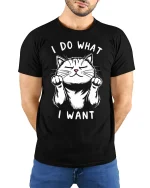 Funny Cat Attitude Graphic Tee With Cute I Do What I Want Design - model wearing black tee with hands behind back