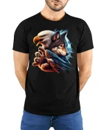 Eagle And Wolf Fusion Art Graphic Tee With Bold Spirit Animal Style - model wearing black tee with hands behind back