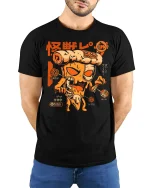 Funny Pizza Monster Graphic Tee With Retro Japanese Style Art - model wearing black tee with hands behind back