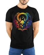 Rainbow Mystic Skull Art Graphic Tee With Colorful Cosmic Style - model wearing black tee with hands behind back
