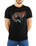 Forest Spirit Fox Art Graphic Tee With Colorful Nature Design - model wearing black tee with hands behind back