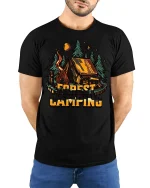 Forest Camping Adventure Graphic Tee With Rustic Outdoor Style - model wearing black tee with hands behind back