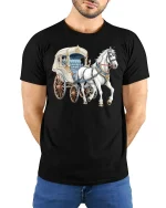 Elegant Horse Carriage Art Graphic Tee With Vintage Classic Style - model wearing black tee with hands behind back