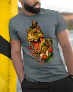 Vintage Dino Teacup Madness Cartoon T Rex Tee With Fun Style - model wearing grey tee, leaning on column