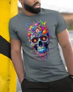Vibrant Psychedelic Skull Art Graphic Tee With Color Explosion - model wearing grey tee, leaning on column