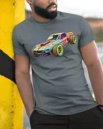 Retro Muscle Car Graphic Tee With Bold Colorful Racing Artwork - model wearing grey tee, leaning on column