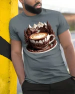 Mountain Coffee Art Graphic Tee With Scenic Latte Landscape Style - model wearing grey tee, leaning on column