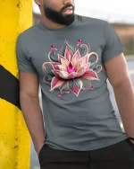 Elegant Lotus Jewel Art Graphic Tee With Beautiful Floral Design - model wearing grey tee, leaning on column