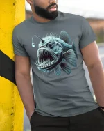 Deep Sea Anglerfish Art Graphic Tee With Fierce Ocean Creature - model wearing grey tee, leaning on column