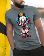 Creepy Cute Clown Art Graphic Tee With Colorful Cartoon Style - model wearing grey tee, leaning on column
