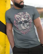 Creeping Hands Skull Art Graphic Tee With Dark Horror Style - model wearing grey tee, leaning on column