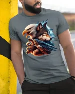 Eagle And Wolf Fusion Art Graphic Tee With Bold Spirit Animal Style - model wearing grey tee, leaning on column