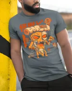 Funny Pizza Monster Graphic Tee With Retro Japanese Style Art - model wearing grey tee, leaning on column