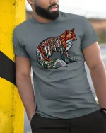 Forest Spirit Fox Art Graphic Tee With Colorful Nature Design - model wearing grey tee, leaning on column