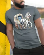 Elegant Horse Carriage Art Graphic Tee With Vintage Classic Style - model wearing grey tee, leaning on column