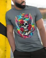 Vibrant Skull And Roses Tattoo Art Graphic Tee With Winged Style - model wearing grey tee, leaning on column
